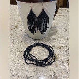 Black Beaded Earrings and Stretch Bracelet